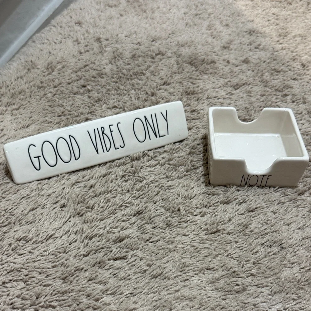 RAE DUNN Ceramic 'Good Vibes Only' Decorative Tray and Note Holder - White